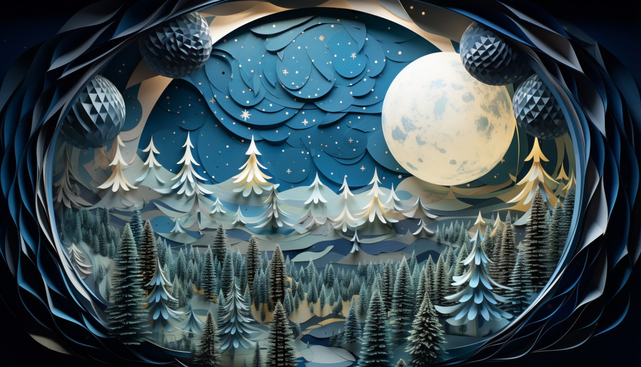 Paper art mountain view at night