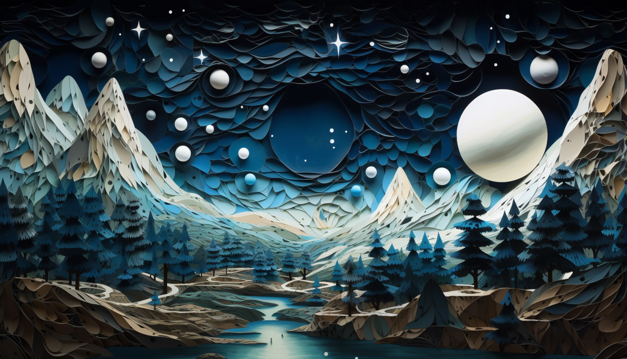 Paper art night scene of trees and mountains
