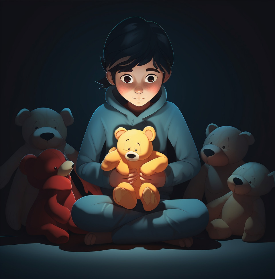 Child shivers in fear in dark room