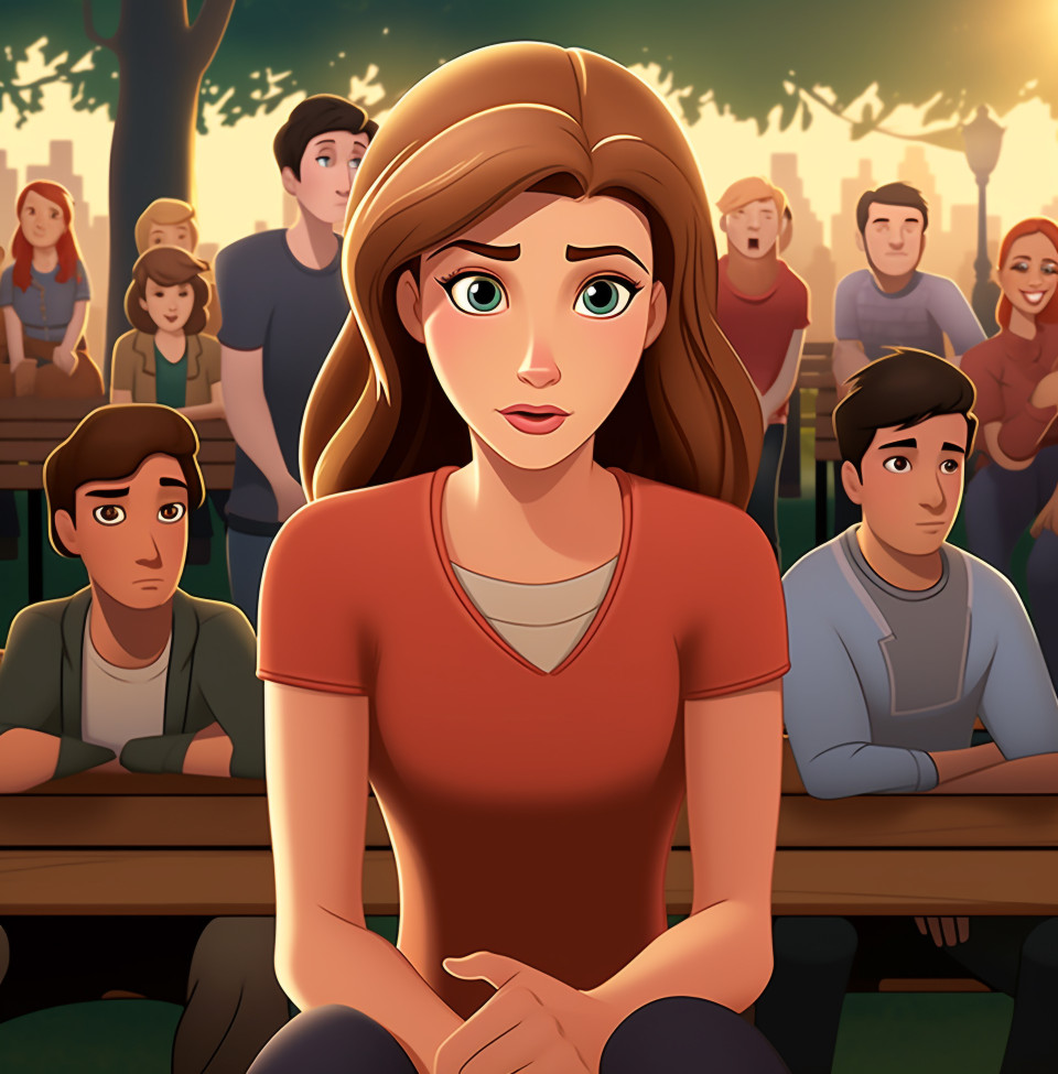 A young woman sits on a bench in a park