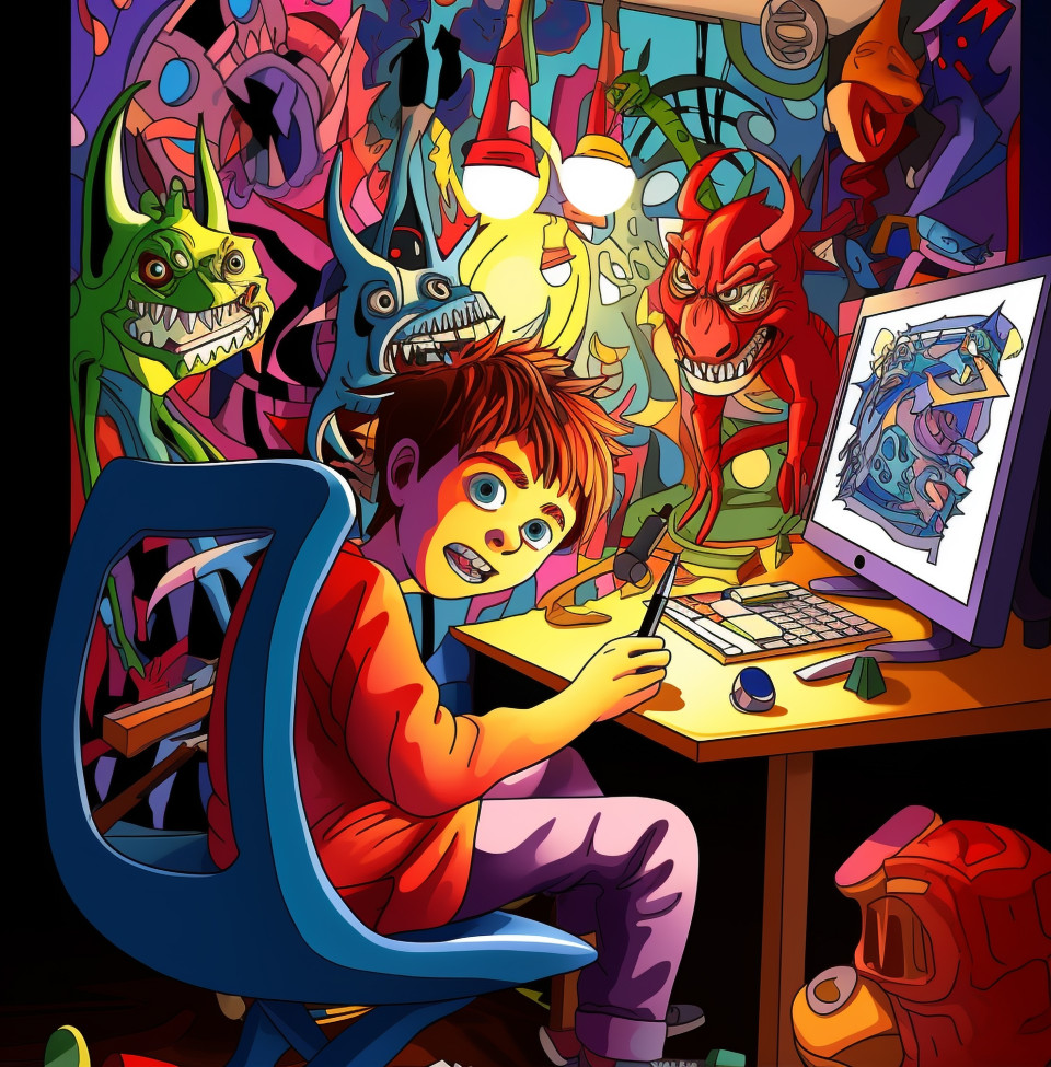 Young boy drawing his fears