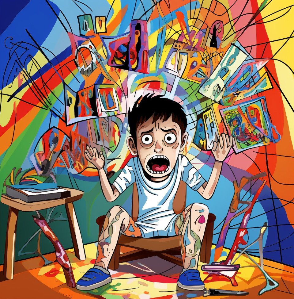 A young boy is sitting in his room drawing a picture of his fears