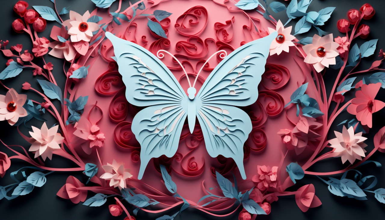 A pink paper butterfly made with flowers and leaves