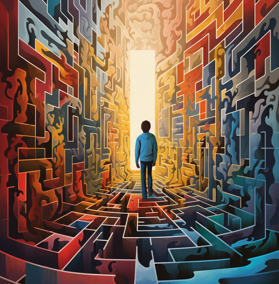 Creative thinker solving problems in maze