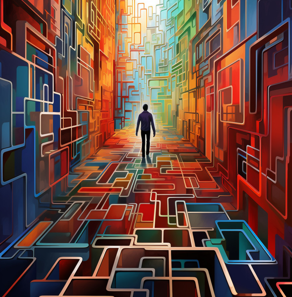 Person navigating through maze of challenges