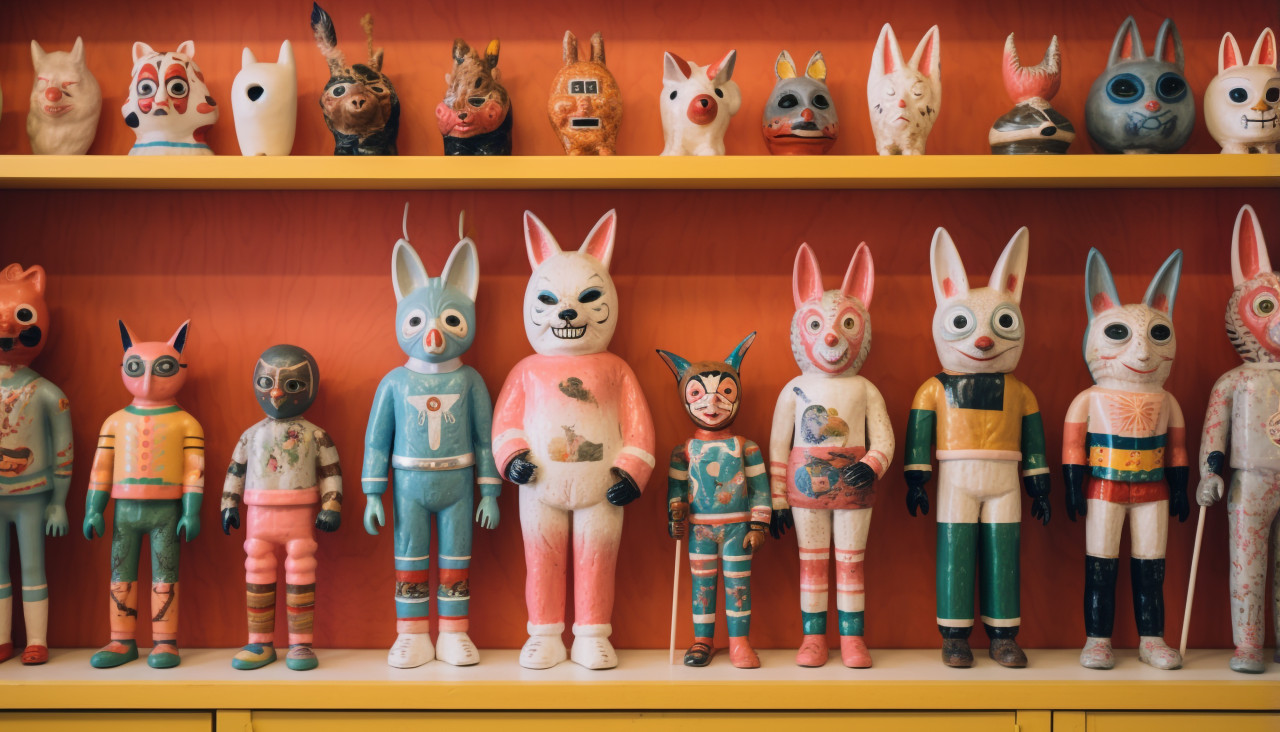 Several figurines on a shelf in the shop