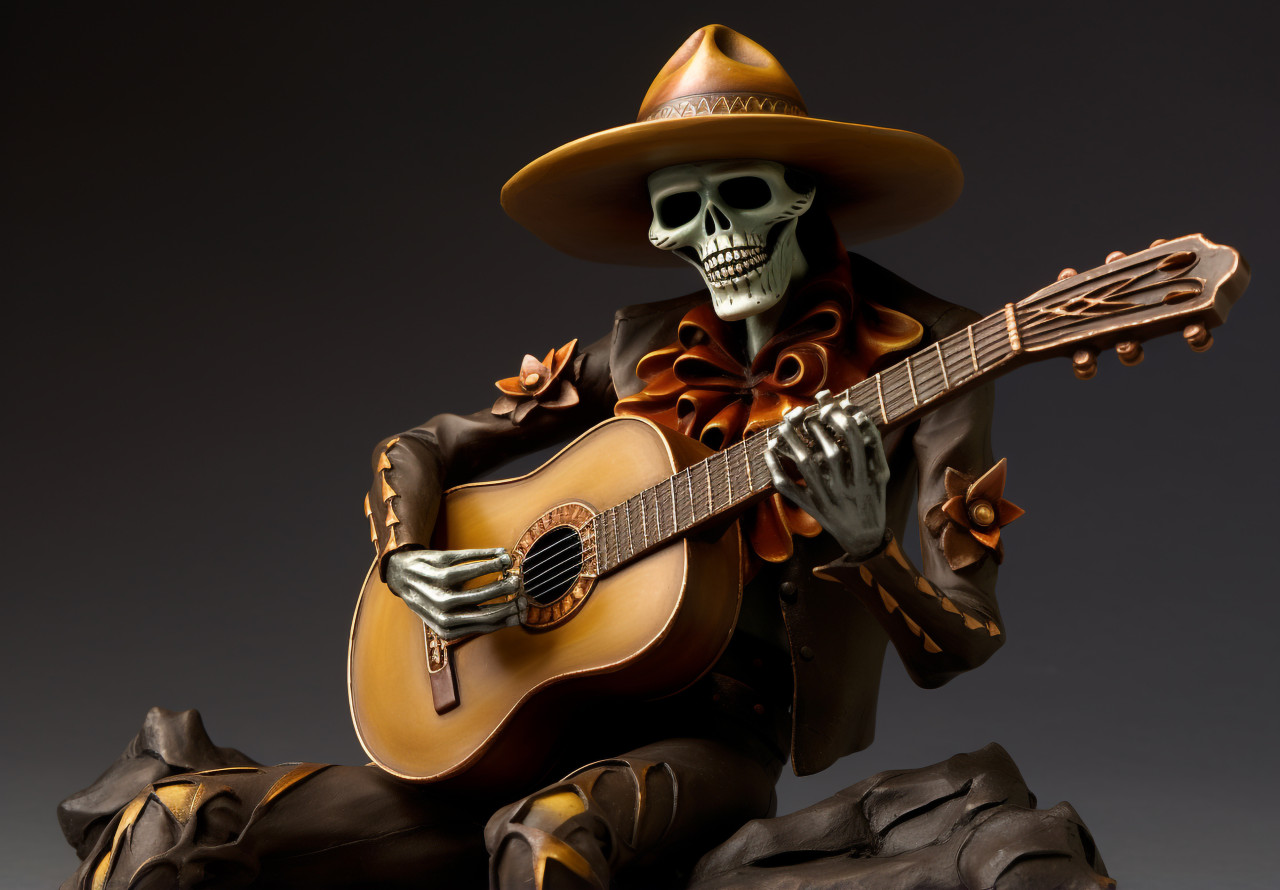 Spooky skeleton plays the guitar