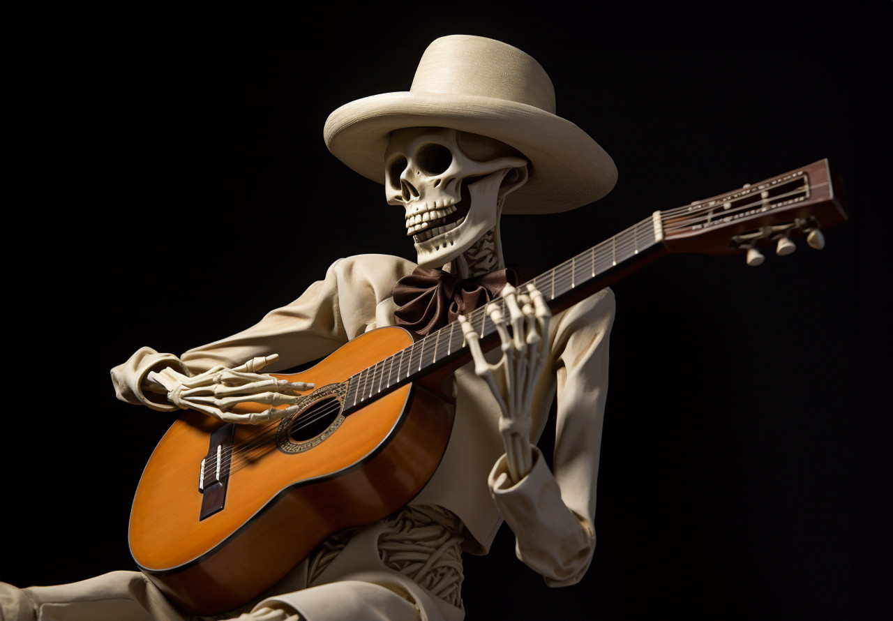Skeleton in sombrero plays guitar