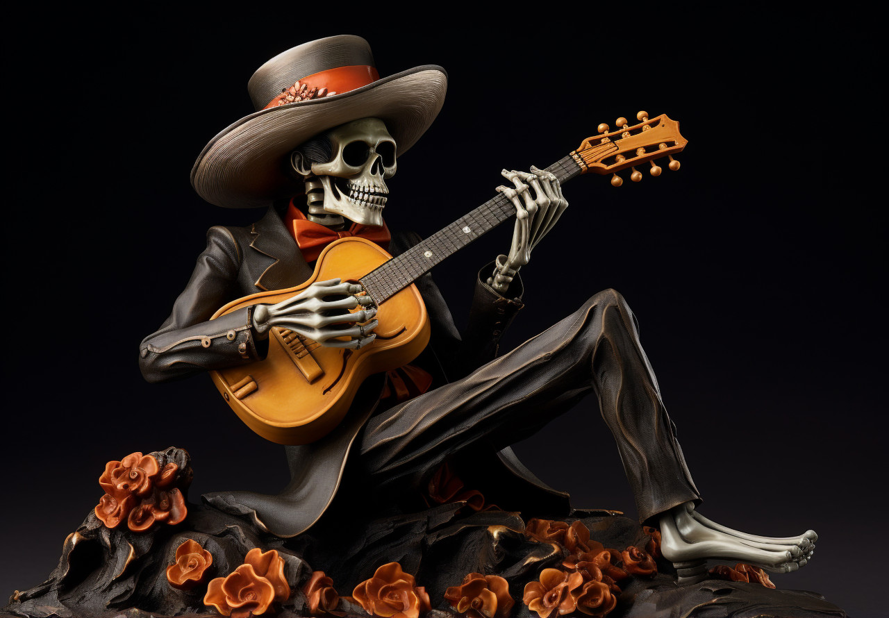 Guitarist skeleton in traditional costume