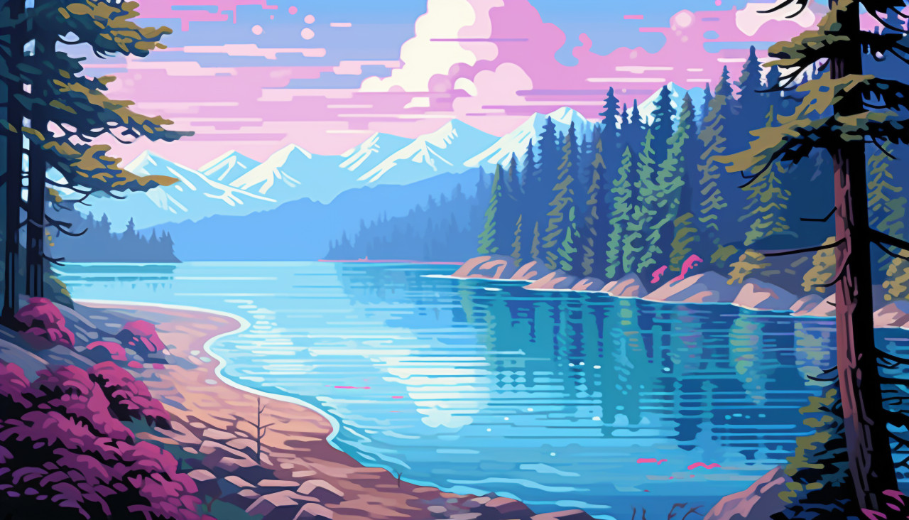 Pixelated landscape with trees