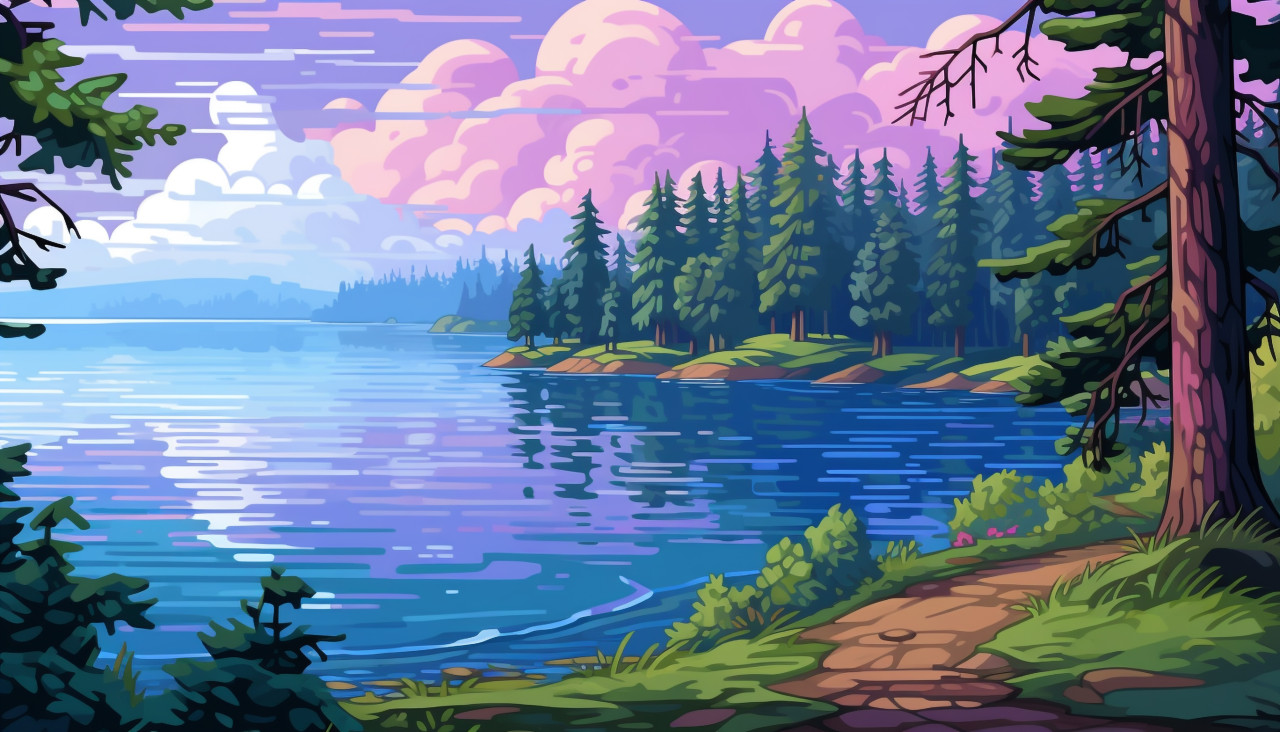 Lake landscape in pixel art style