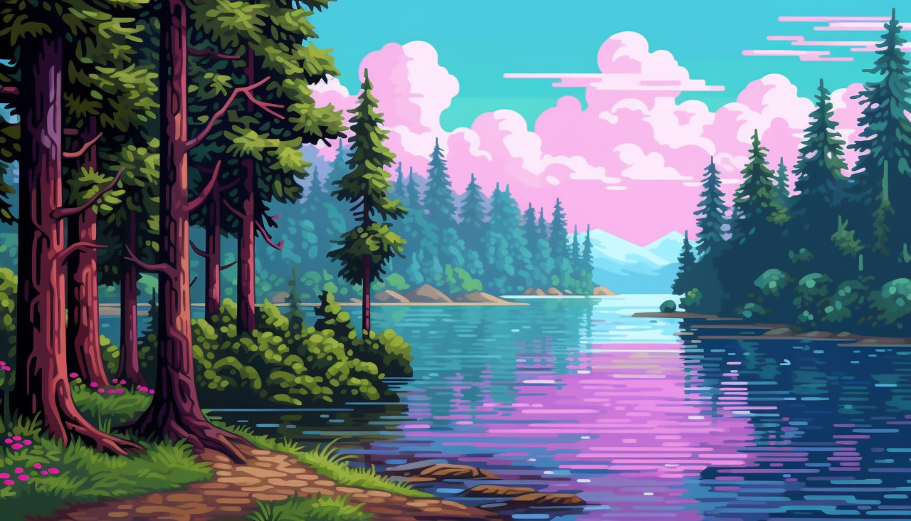 Pixelated forest and lake