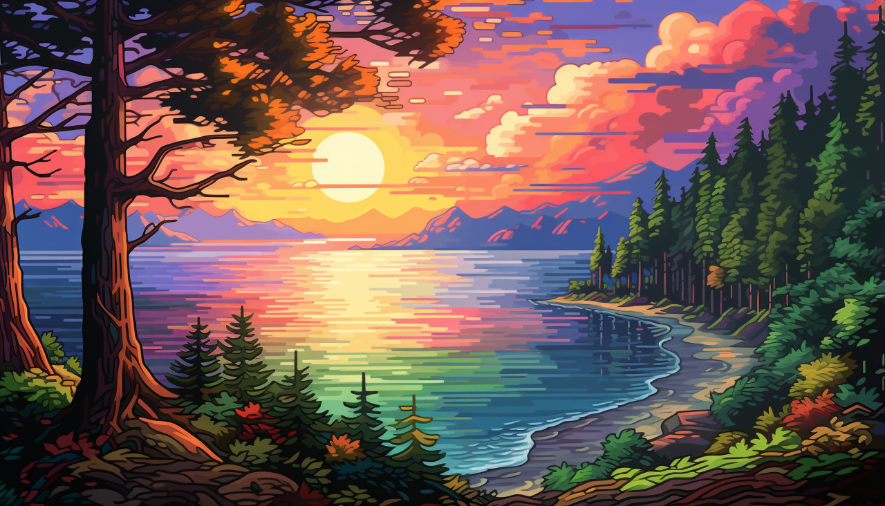 Digital painting of a lake with trees