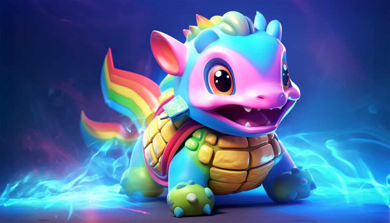A cartoon toy turtle with a rainbow over it