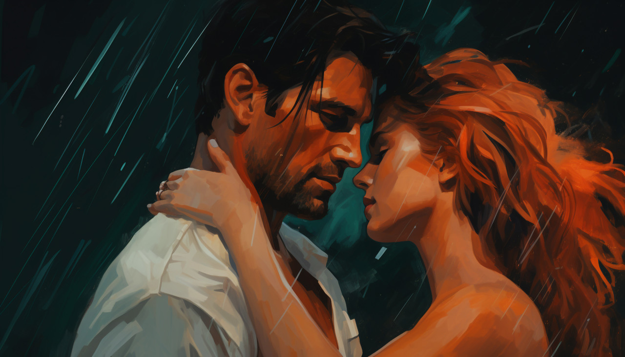 Couple walks through the rainy street