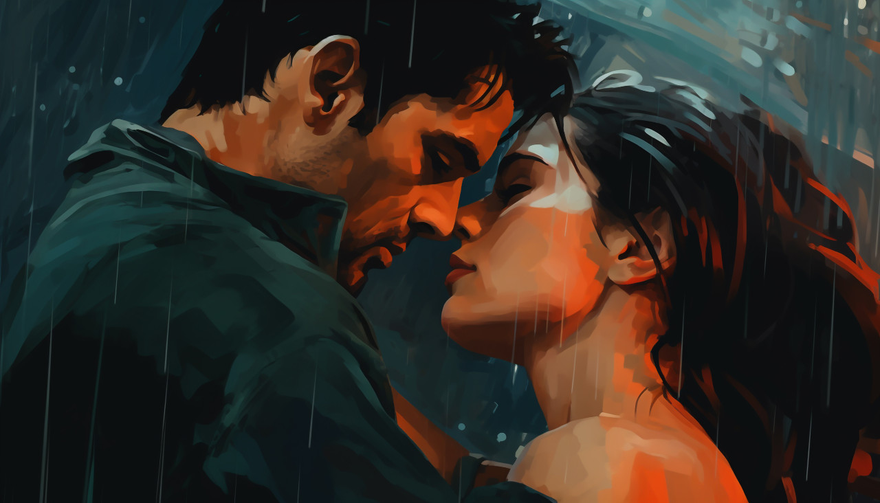 Man and woman embrace in the rain