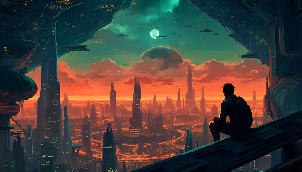 Space station orbiting a planet