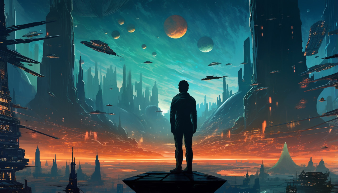 Spaceships over a cityscape