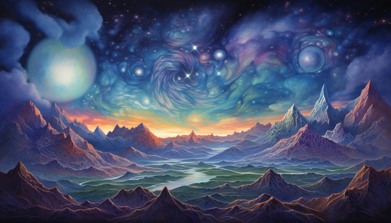 Spectacular painting of a cosmic mountain range