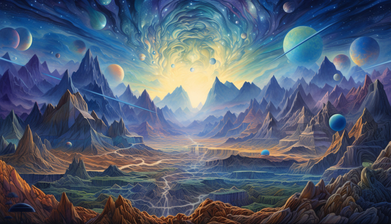 The painting of an astronomical spacetime landscape and colorful mountains