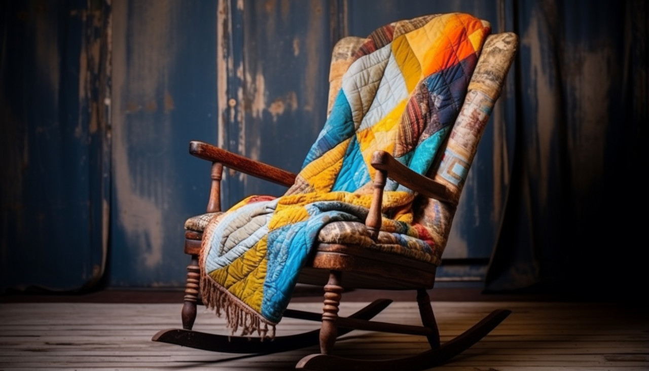 Colorful rocking chair with hand-quilted throw