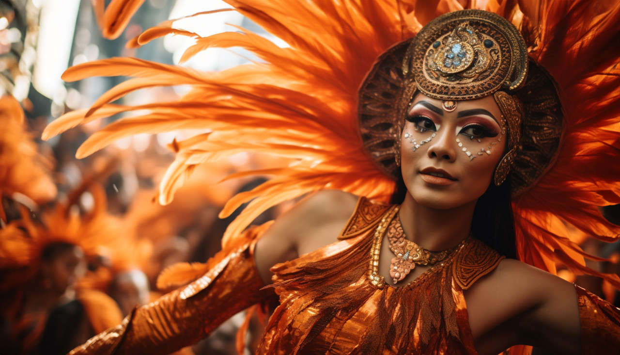 Swirling orange feathers in carnival dance