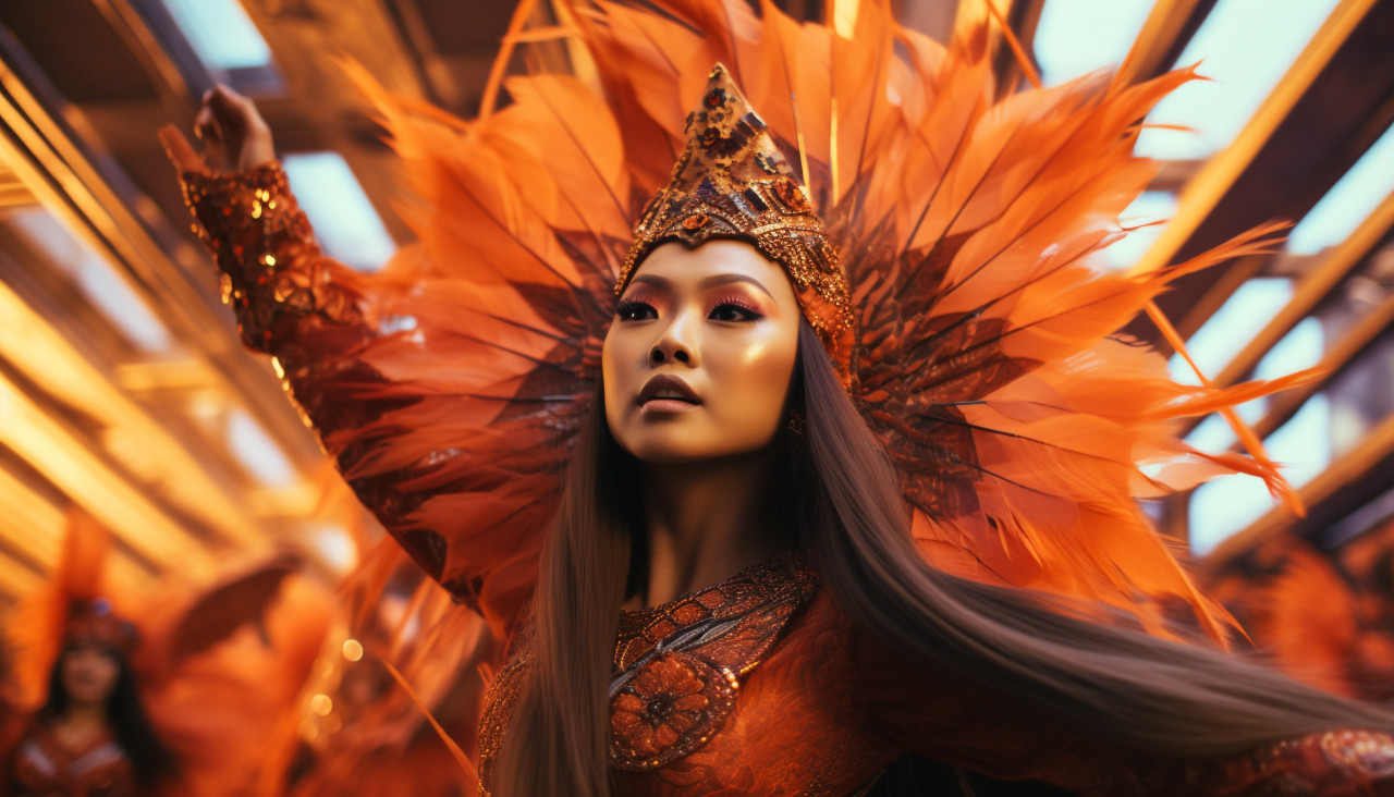 Graceful woman in vibrant orange costume