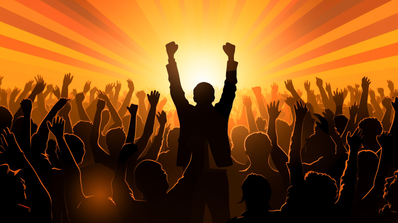 A person is standing in front of a crowd of people