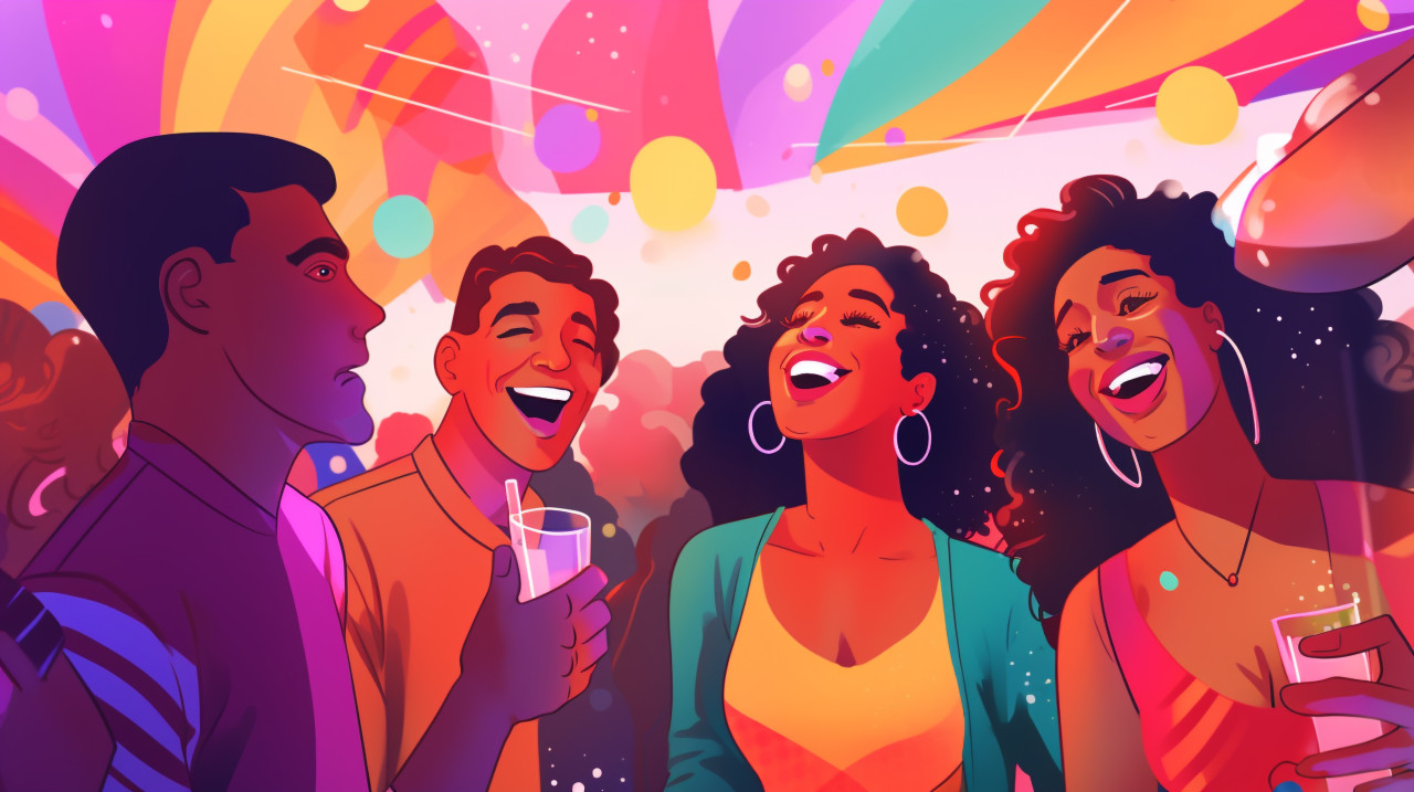 A group of people laughing and talking at a party