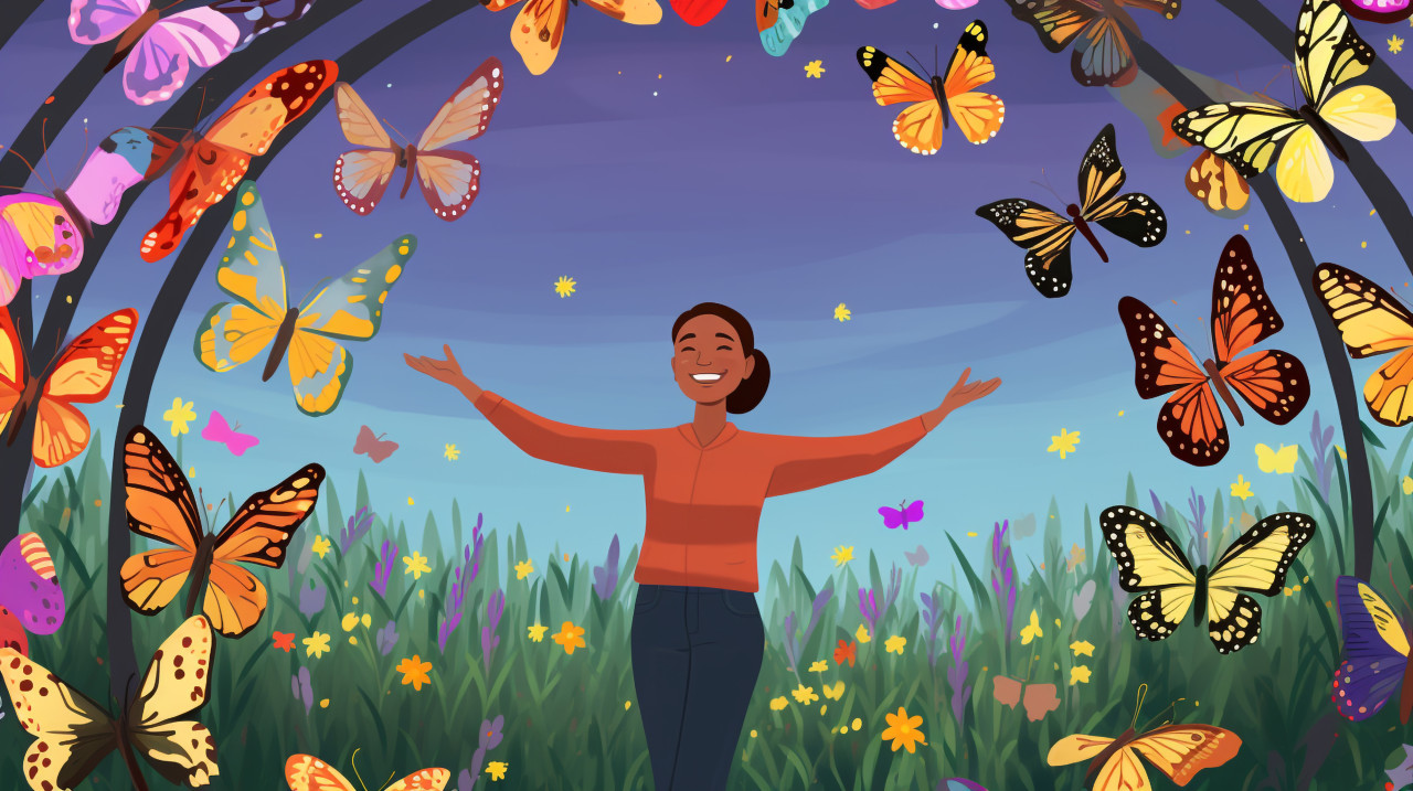 A person is standing in a field of flowers