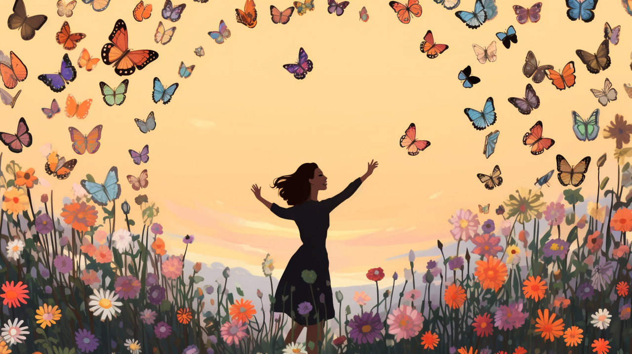 A person is standing in a field of flowers surrounded by a circle