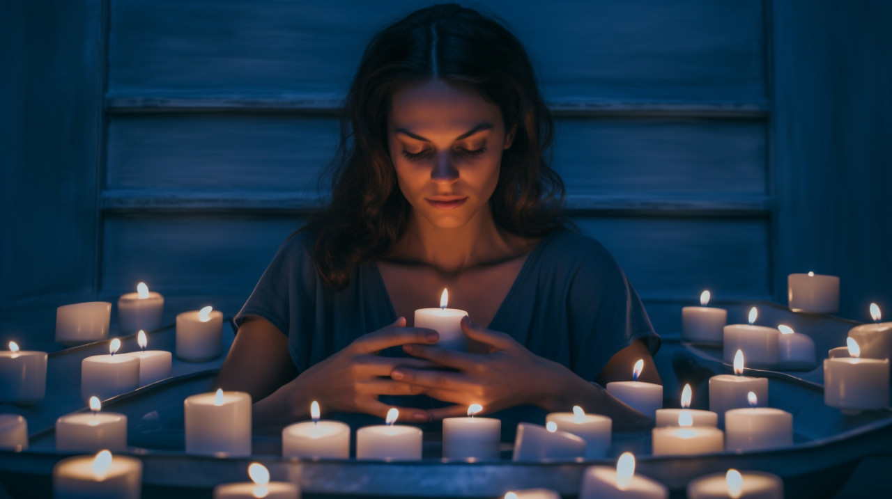 Woman relaxing in candlelit bathtub