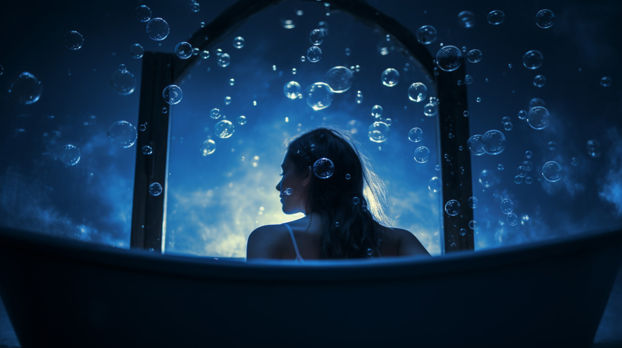 A person is sitting in a bathtub surrounded by bubbles