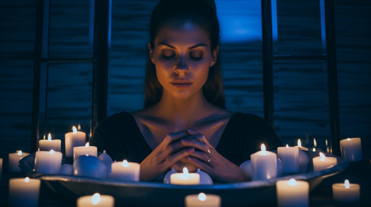 A person is sitting in a bathtub surrounded by candles