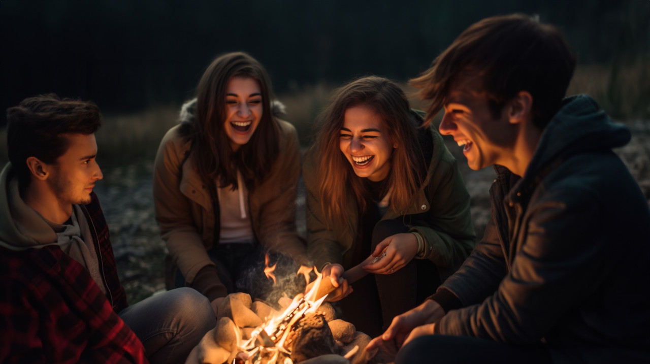 Friends laughing and talking under the stars