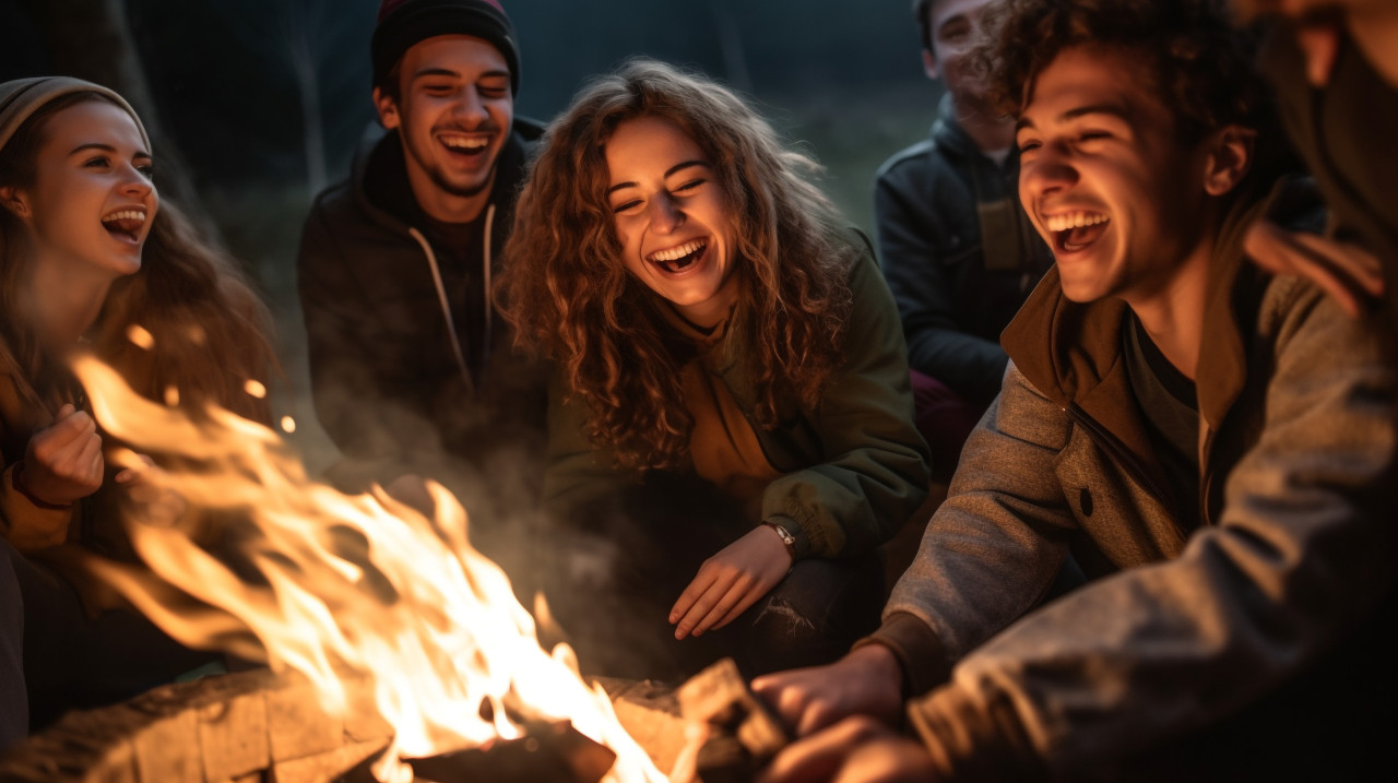 A group of friends laughing and talking around a campfire