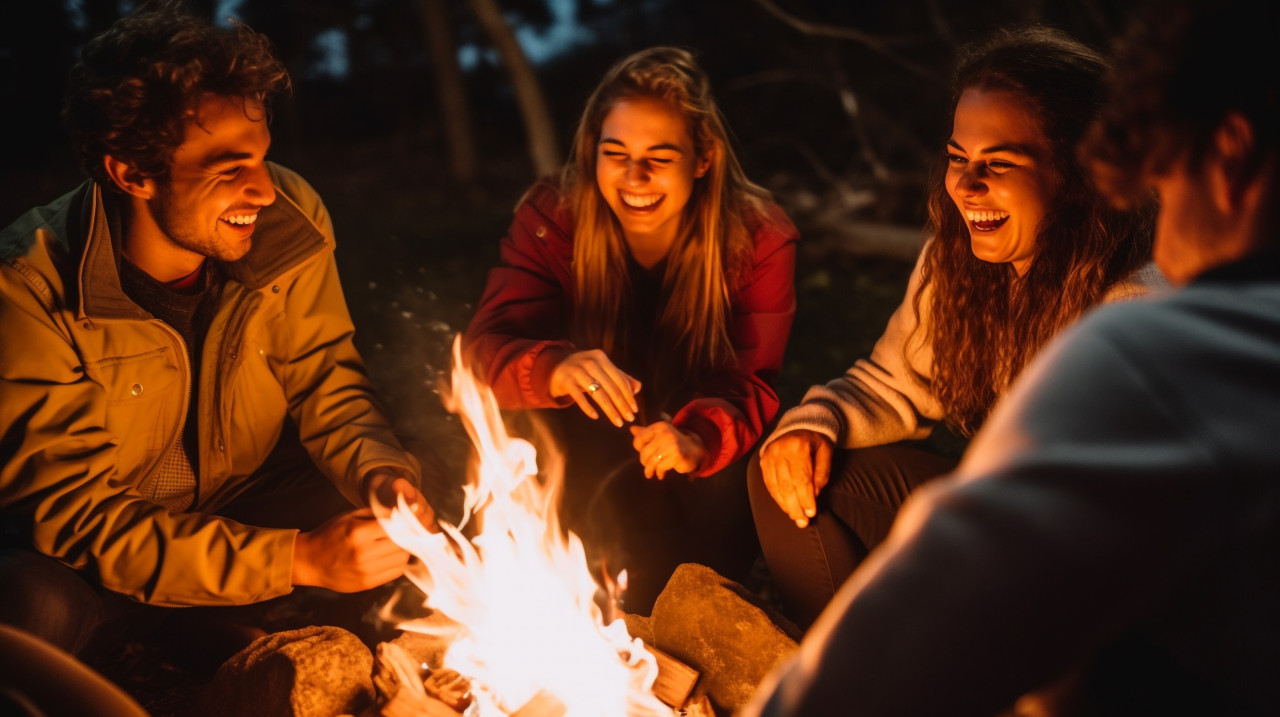A group of friends laughing and talking around a campfire
