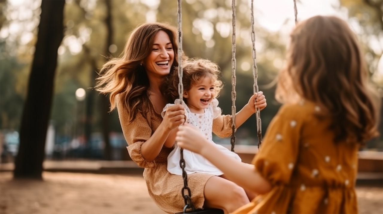 Mother and daughter swinging in the park