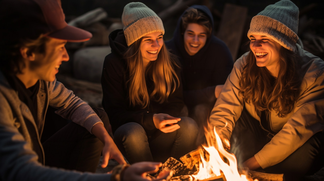 Friends laughing around campfire