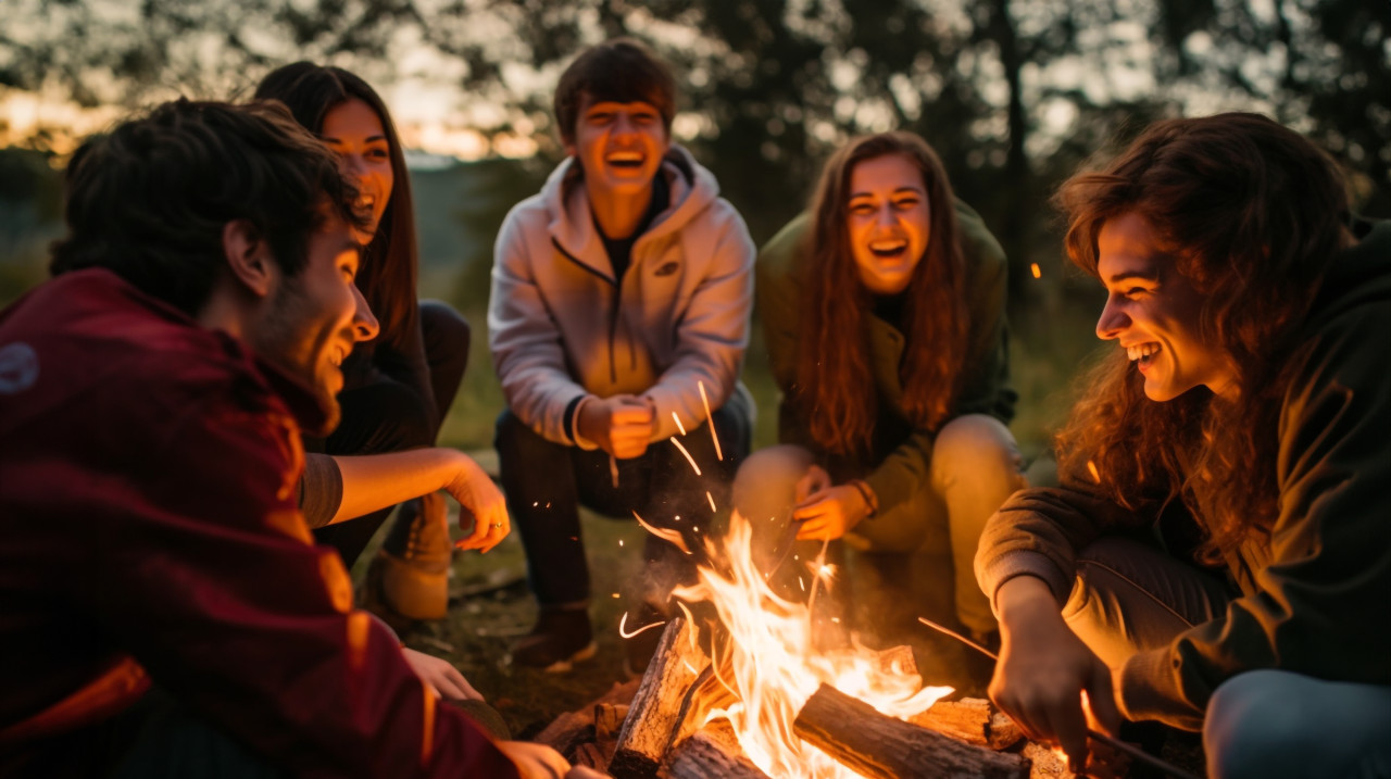 A group of friends laughing and talking around a campfire