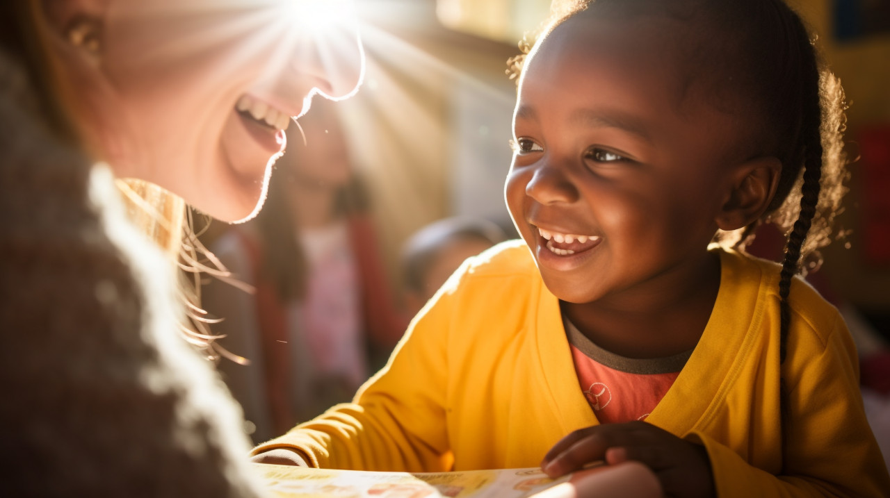A volunteer is helping a child learn to read the volunteers face