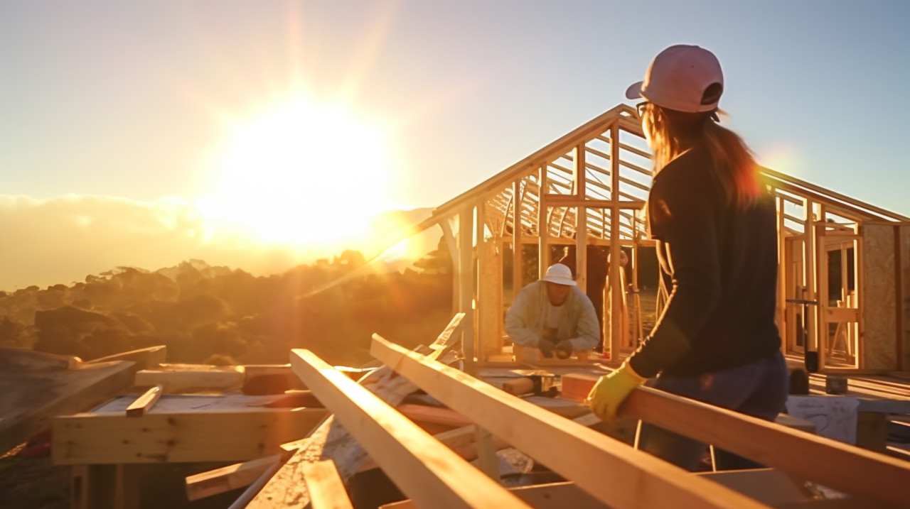 A volunteer is building a house for a family in need