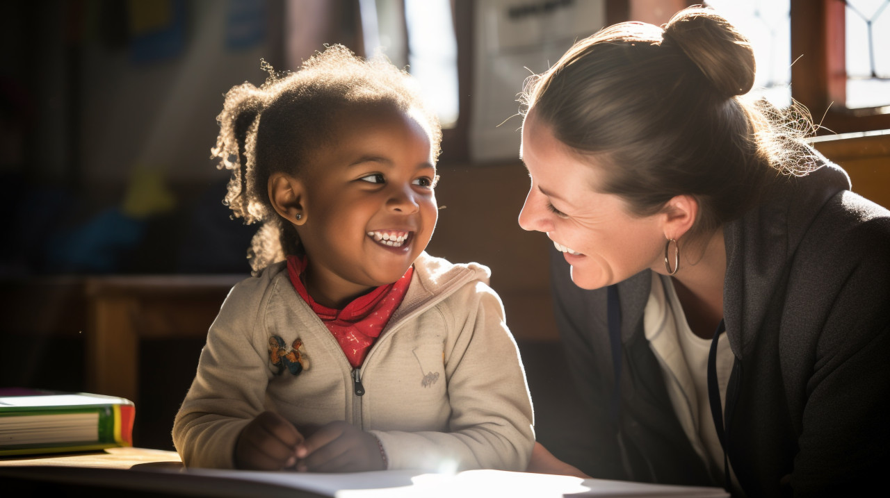 Child learning to read with volunteer