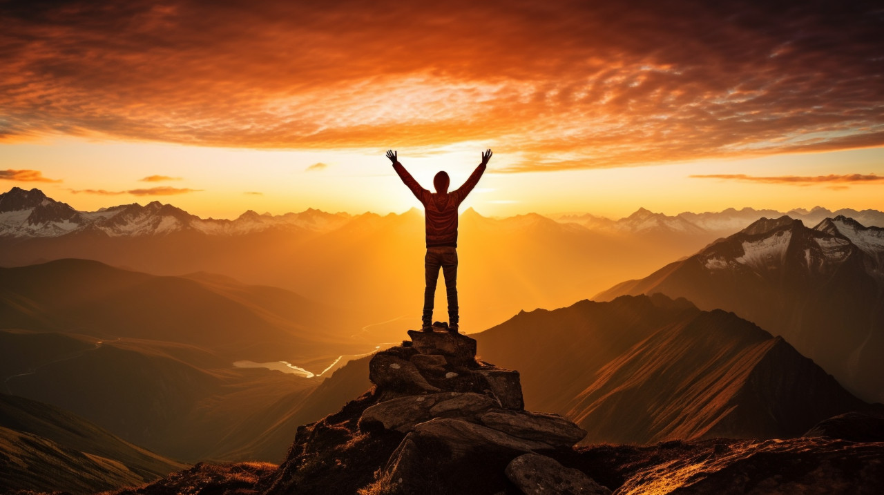 A person stands on a mountaintop looking out at the view