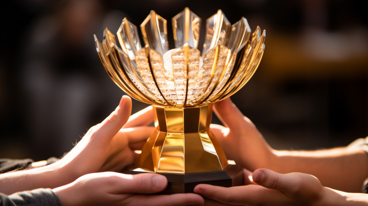 A persons hands are clasped together and they are holding a trophy