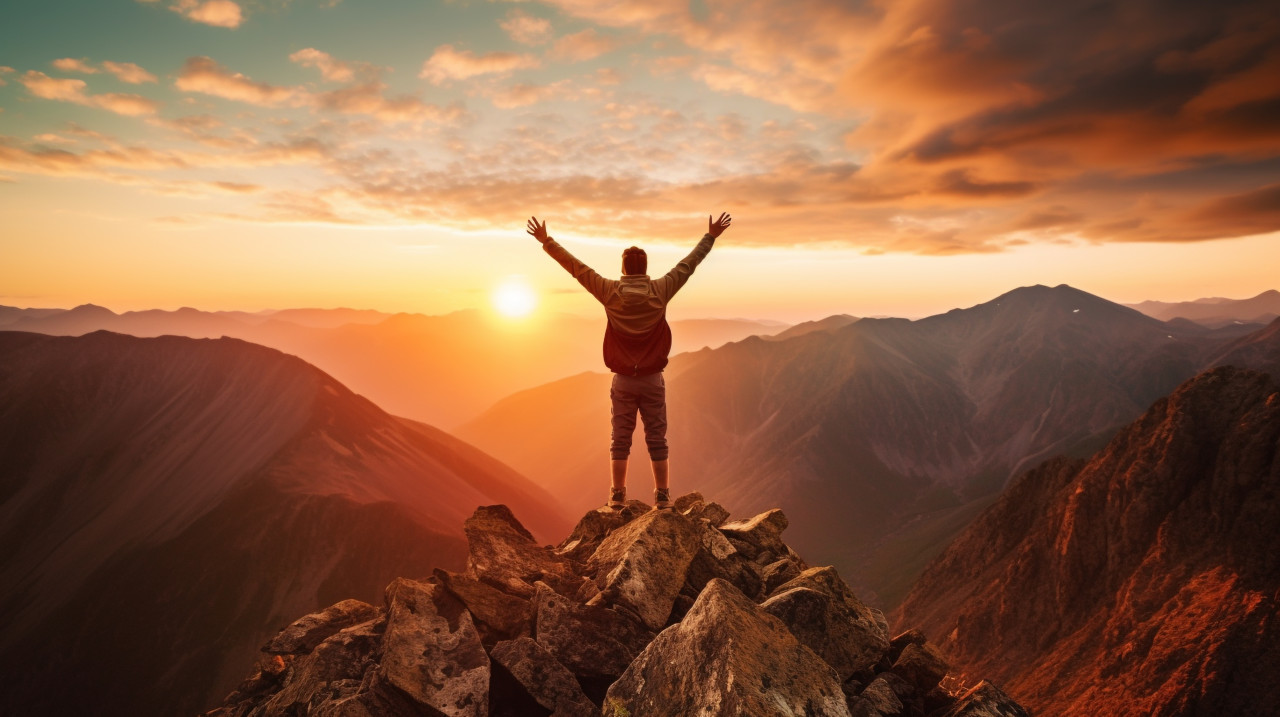 Adventurer stands atop mountain