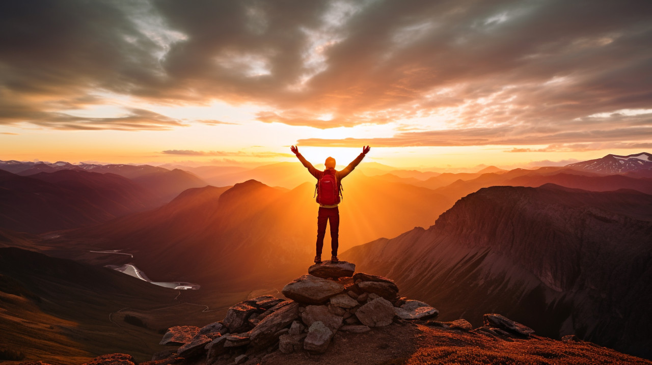 A person stands on a mountaintop looking out