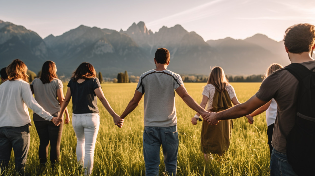 A group of people are standing in a field