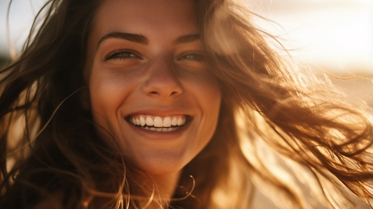 A close up of a womans face she is smiling