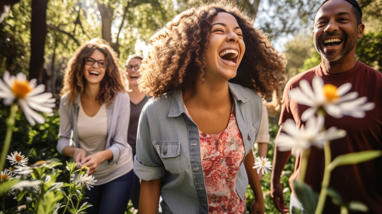 People are walking through a park they are all smiling